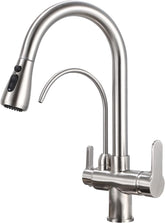 Kitchen Sink Faucet with Pull Down Sprayer 2 Handle 3 in 1 Water Filter Purifier Faucets, Brass Drinking Water Faucet Reverse Osmosis Brushed Nickel